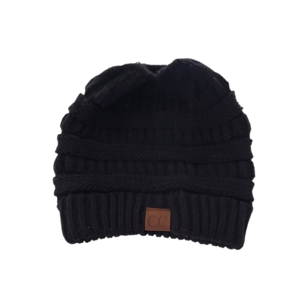C.C Exclusives Womens Beanie Tail Black Messy Bun Cable Knit Hat One Size NWOT